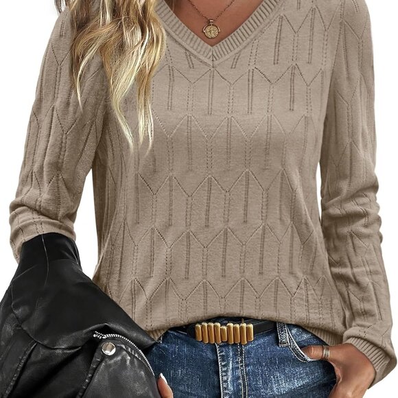 Womens Sweaters Long Sleeve Shirts Fall Outfits 2025 V Neck Soft Knit Pullover T - Picture 1 of 5